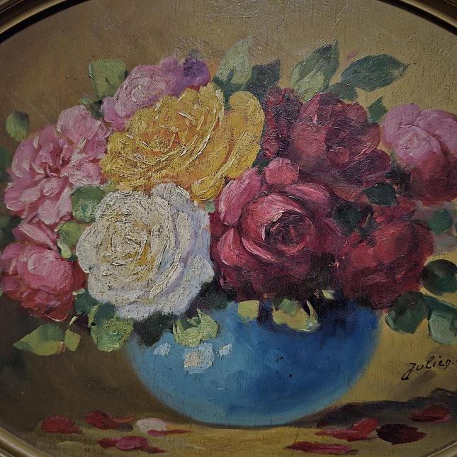 Antique French Floral Still Life Oil Painting, Signed Rose Bouquet Artwork, Oval Gold Framed Wall Decor, Original European Fine Art