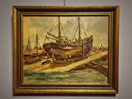 Antique Belgian Harbor Oil Painting, Signed Marine Fishing Boat Scene, Original Maritime Artwork, Nautical Wall Decor, Unique Gift