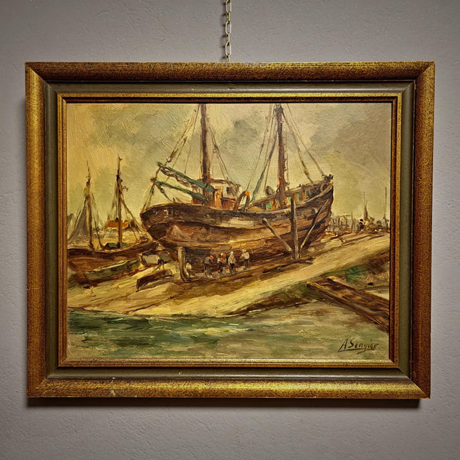 Antique Belgian Harbor Oil Painting, Signed Marine Fishing Boat Scene, Original Maritime Artwork, Nautical Wall Decor, Unique Gift