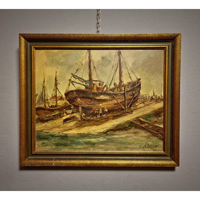 Antique Belgian Harbor Oil Painting, Signed Marine Fishing Boat Scene, Original Maritime Artwork, Nautical Wall Decor, Unique Gift