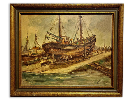 Antique Belgian Harbor Oil Painting, Signed Marine Fishing Boat Scene, Original Maritime Artwork, Nautical Wall Decor, Unique Gift
