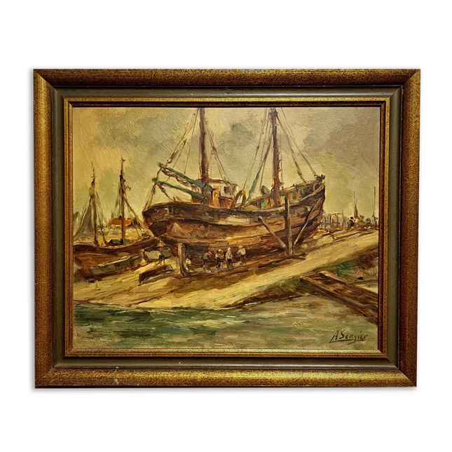 Antique Belgian Harbor Oil Painting, Signed Marine Fishing Boat Scene, Original Maritime Artwork, Nautical Wall Decor, Unique Gift