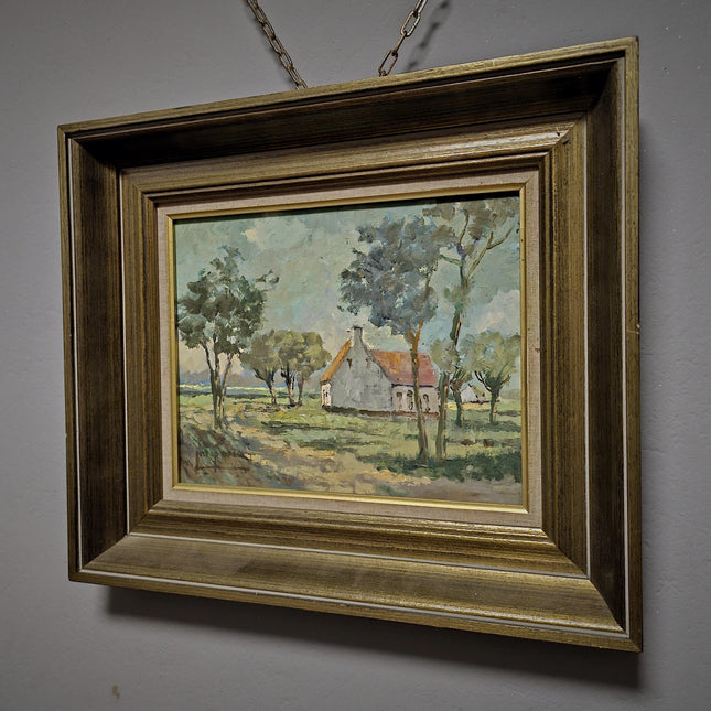 Vintage Dutch Landscape Oil Painting, Signed Framed Wall Decor, Mid Century Modern, Farmhouse Style, European Original Interior Artwork