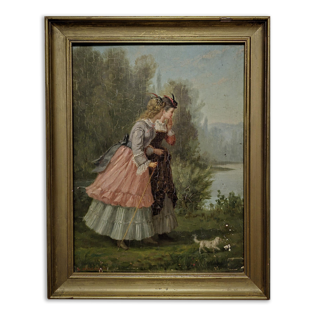 Antique French Oil Painting, 19th Century Signed Genre Scene, Elegant Ladies With Dog, Original Gold Framed Artwork, Vintage Wall Decor