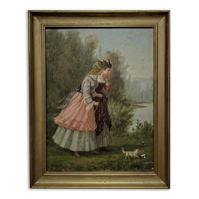 Antique French Oil Painting, 19th Century Signed Genre Scene, Elegant Ladies With Dog, Original Gold Framed Artwork, Vintage Wall Decor