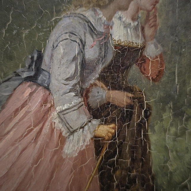 Antique French Oil Painting, 19th Century Signed Genre Scene, Elegant Ladies With Dog, Original Gold Framed Artwork, Vintage Wall Decor