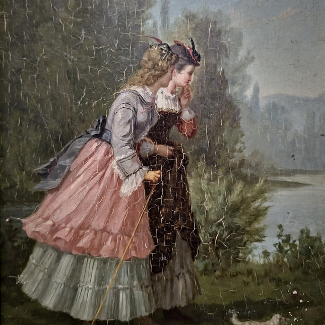 Antique French Oil Painting, 19th Century Signed Genre Scene, Elegant Ladies With Dog, Original Gold Framed Artwork, Vintage Wall Decor