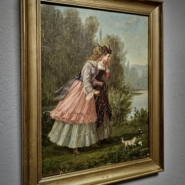 Antique French Oil Painting, 19th Century Signed Genre Scene, Elegant Ladies With Dog, Original Gold Framed Artwork, Vintage Wall Decor