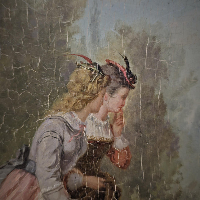 Antique French Oil Painting, 19th Century Signed Genre Scene, Elegant Ladies With Dog, Original Gold Framed Artwork, Vintage Wall Decor