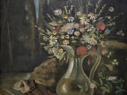 Antique French Oil Painting, 19th Century Moody Vanitas Still Life, Floral Bouquet, Gold Framed Original Artwork, Dark Academia Wall Decor