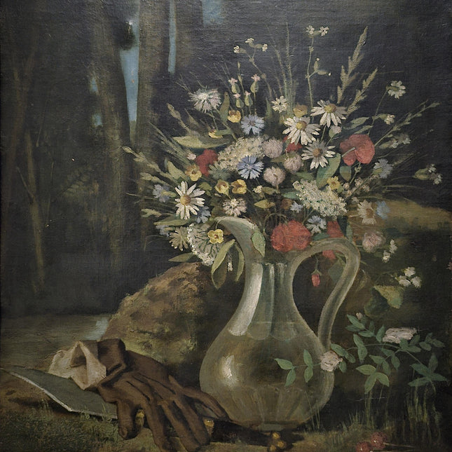 Antique French Oil Painting, 19th Century Moody Vanitas Still Life, Floral Bouquet, Gold Framed Original Artwork, Dark Academia Wall Decor