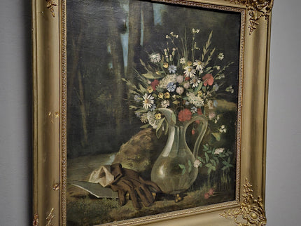 Antique French Oil Painting, 19th Century Moody Vanitas Still Life, Floral Bouquet, Gold Framed Original Artwork, Dark Academia Wall Decor