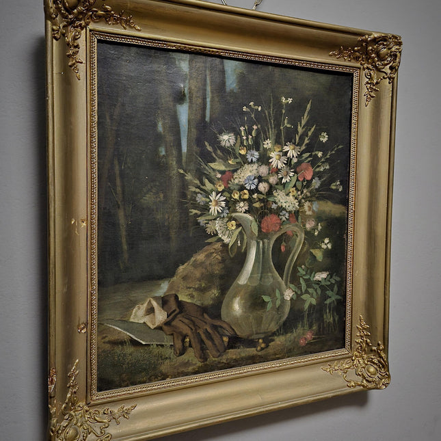 Antique French Oil Painting, 19th Century Moody Vanitas Still Life, Floral Bouquet, Gold Framed Original Artwork, Dark Academia Wall Decor