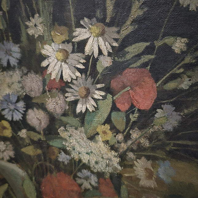Antique French Oil Painting, 19th Century Moody Vanitas Still Life, Floral Bouquet, Gold Framed Original Artwork, Dark Academia Wall Decor