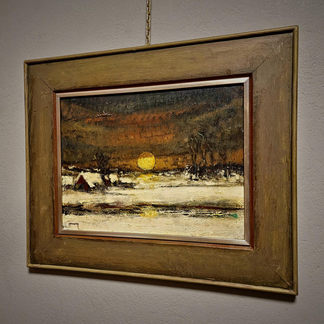 Vintage Belgian Winter Landscape Oil Painting, Signed Sunset Snow Scene Artwork, Mid-Century Framed Wall Decor, Original European Fine Art