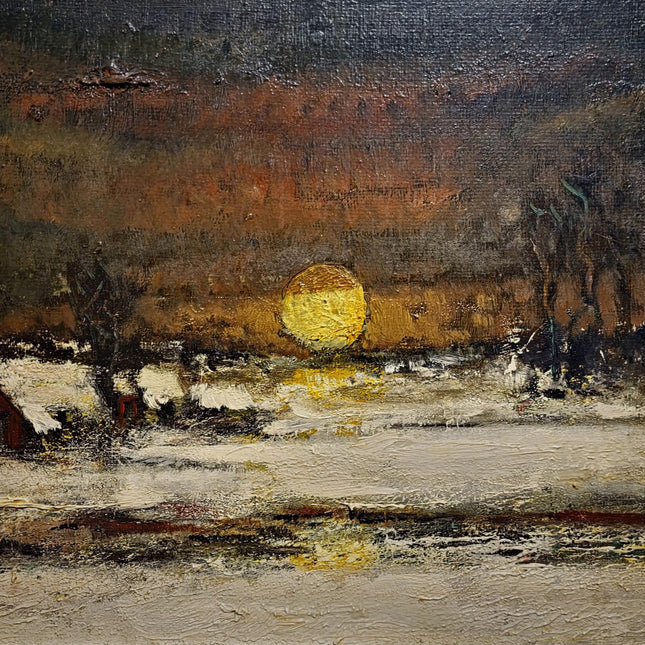 Vintage Belgian Winter Landscape Oil Painting, Signed Sunset Snow Scene Artwork, Mid-Century Framed Wall Decor, Original European Fine Art