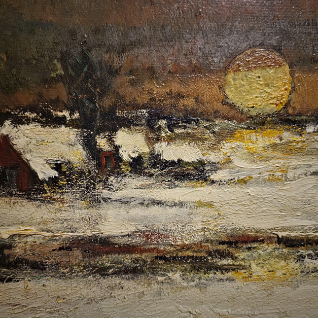 Vintage Belgian Winter Landscape Oil Painting, Signed Sunset Snow Scene Artwork, Mid-Century Framed Wall Decor, Original European Fine Art
