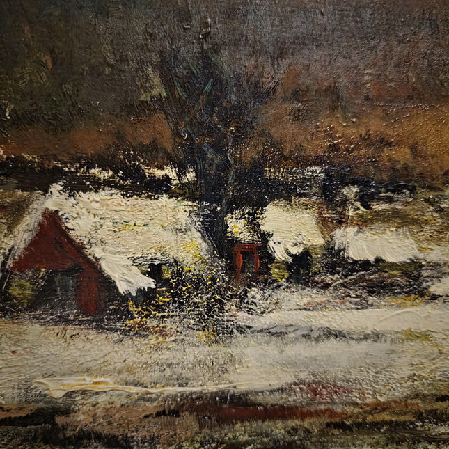 Vintage Belgian Winter Landscape Oil Painting, Signed Sunset Snow Scene Artwork, Mid-Century Framed Wall Decor, Original European Fine Art
