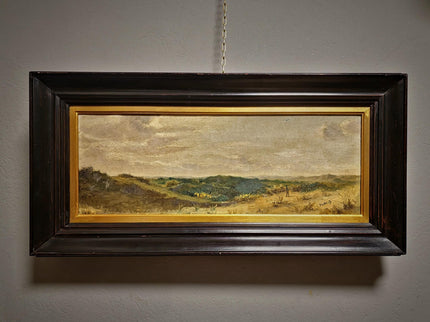 Antique Belgian 19th Century Landscape Oil Painting, Signed Panoramic Hunter Scene, Framed Museum Quality Original Fine Art Masterpiece