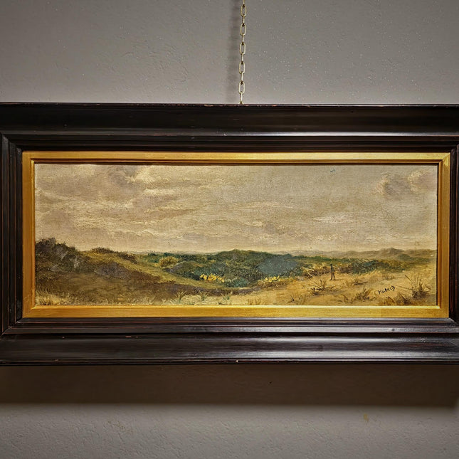 Antique Belgian 19th Century Landscape Oil Painting, Signed Panoramic Hunter Scene, Framed Museum Quality Original Fine Art Masterpiece