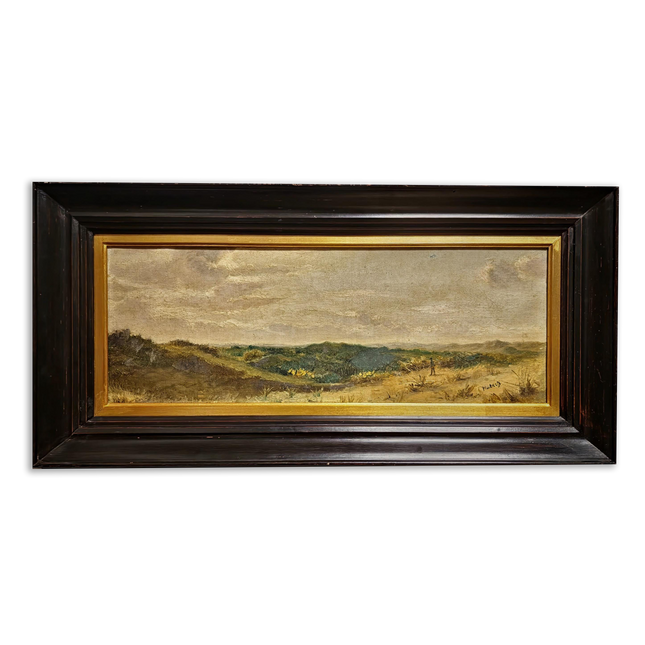 Antique Belgian 19th Century Landscape Oil Painting, Signed Panoramic Hunter Scene, Framed Museum Quality Original Fine Art Masterpiece