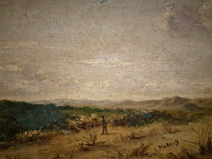 Antique Belgian 19th Century Landscape Oil Painting, Signed Panoramic Hunter Scene, Framed Museum Quality Original Fine Art Masterpiece