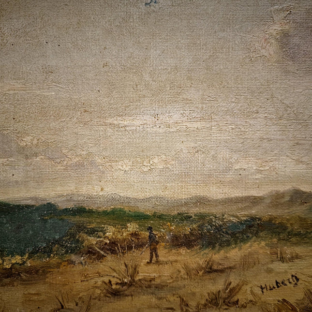 Antique Belgian 19th Century Landscape Oil Painting, Signed Panoramic Hunter Scene, Framed Museum Quality Original Fine Art Masterpiece