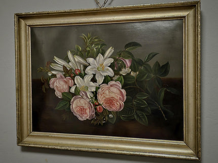 Antique Danish Floral Still Life Oil Painting, Peonies and Lilies on Dark Background, Gold Framed Wall Decor, Original European Fine Art