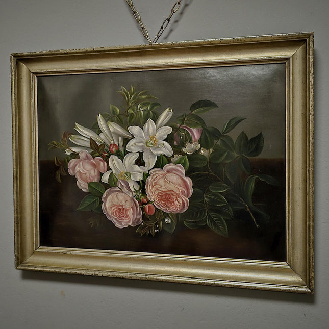 Antique Danish Floral Still Life Oil Painting, Peonies and Lilies on Dark Background, Gold Framed Wall Decor, Original European Fine Art