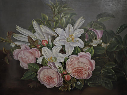 Antique Danish Floral Still Life Oil Painting, Peonies and Lilies on Dark Background, Gold Framed Wall Decor, Original European Fine Art