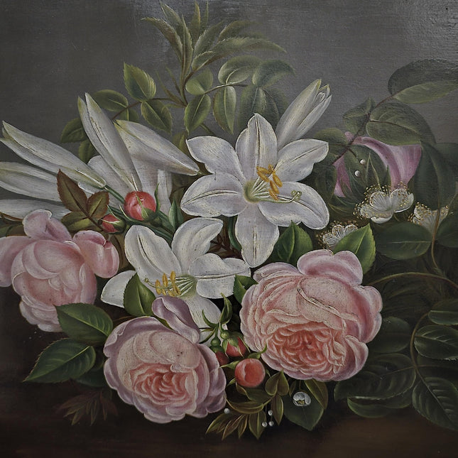 Antique Danish Floral Still Life Oil Painting, Peonies and Lilies on Dark Background, Gold Framed Wall Decor, Original European Fine Art