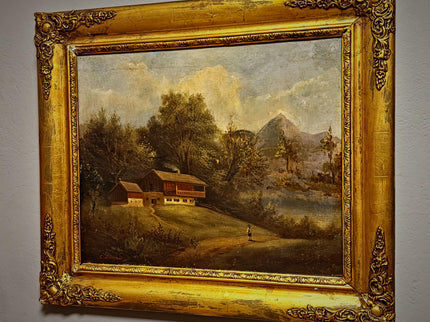 Antique French Alpine Landscape Oil Painting, 19th Century Artwork, Signed Romantic Pastoral Scene on Canvas, Gilt Framed Original Fine Art