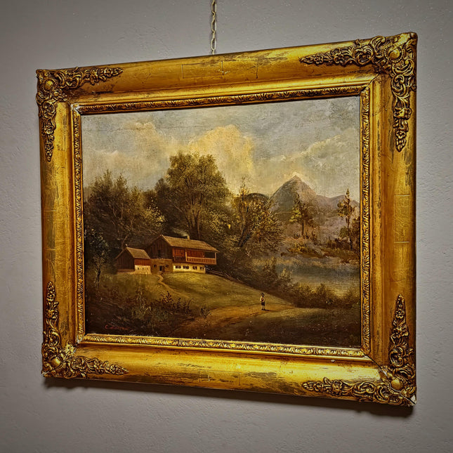 Antique French Alpine Landscape Oil Painting, 19th Century Artwork, Signed Romantic Pastoral Scene on Canvas, Gilt Framed Original Fine Art