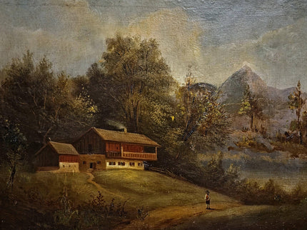Antique French Alpine Landscape Oil Painting, 19th Century Artwork, Signed Romantic Pastoral Scene on Canvas, Gilt Framed Original Fine Art