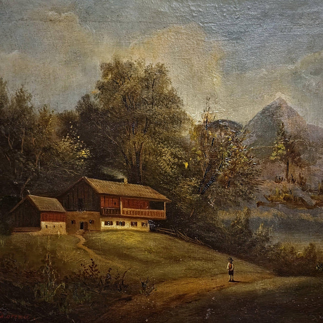 Antique French Alpine Landscape Oil Painting, 19th Century Artwork, Signed Romantic Pastoral Scene on Canvas, Gilt Framed Original Fine Art