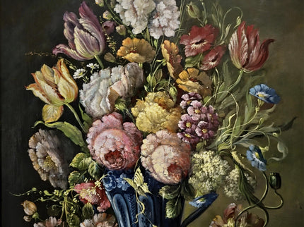 Antique Dutch Floral Still Life Oil Painting, Signed Flower Bouquet in Faience Vase, Gold Framed Wall Decor, Original European Fine Art