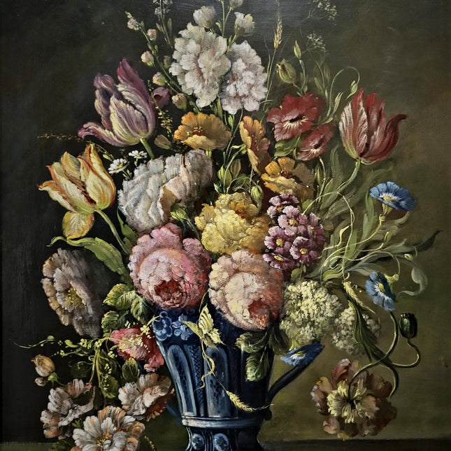 Antique Dutch Floral Still Life Oil Painting, Signed Flower Bouquet in Faience Vase, Gold Framed Wall Decor, Original European Fine Art