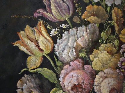 Antique Dutch Floral Still Life Oil Painting, Signed Flower Bouquet in Faience Vase, Gold Framed Wall Decor, Original European Fine Art