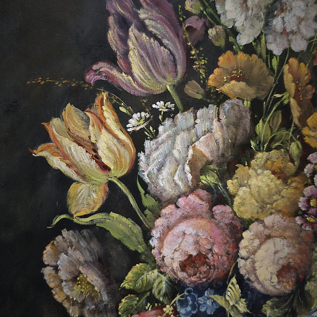 Antique Dutch Floral Still Life Oil Painting, Signed Flower Bouquet in Faience Vase, Gold Framed Wall Decor, Original European Fine Art