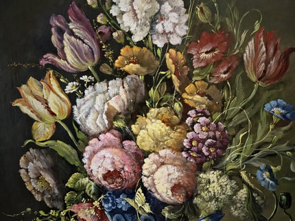 Antique Dutch Floral Still Life Oil Painting, Signed Flower Bouquet in Faience Vase, Gold Framed Wall Decor, Original European Fine Art