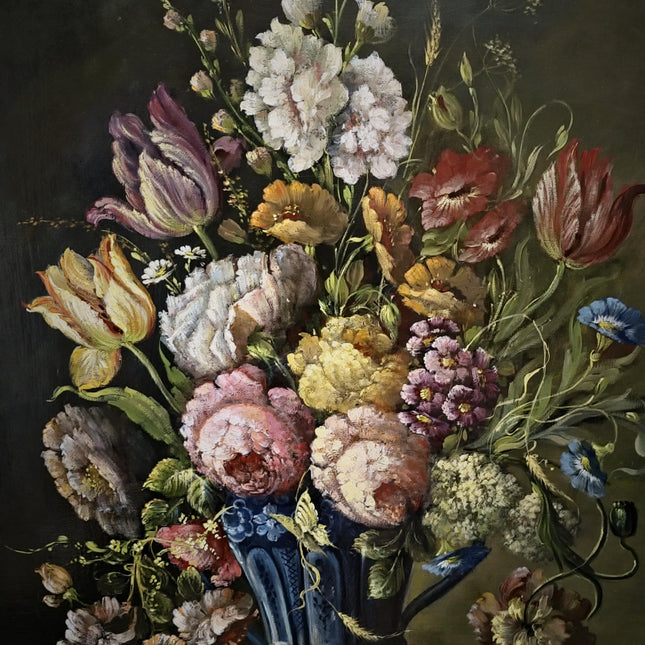 Antique Dutch Floral Still Life Oil Painting, Signed Flower Bouquet in Faience Vase, Gold Framed Wall Decor, Original European Fine Art