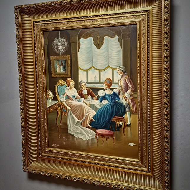 Large Vintage French Rococo Style Oil Painting, Signed Original Artwork, Parisian Genre Scene, Ornate Gilt Framed Mid-Century Wall Art