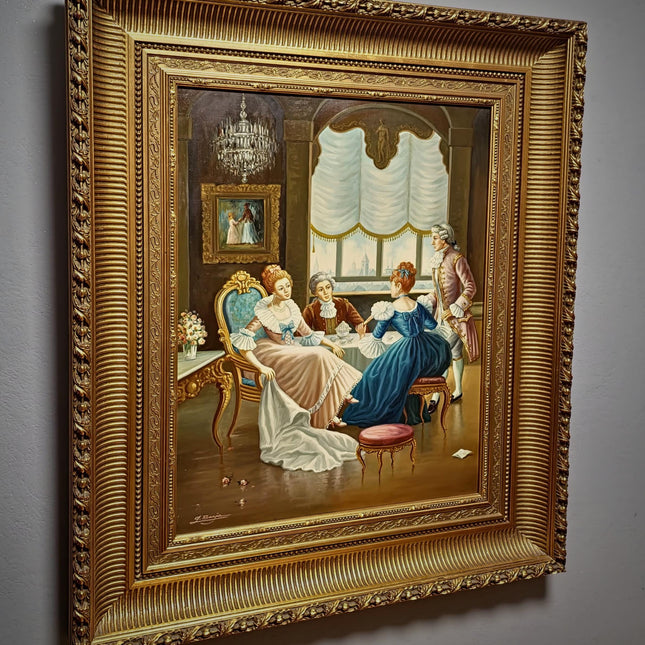 Large Vintage French Rococo Style Oil Painting, Signed Original Artwork, Parisian Genre Scene, Ornate Gilt Framed Mid-Century Wall Art