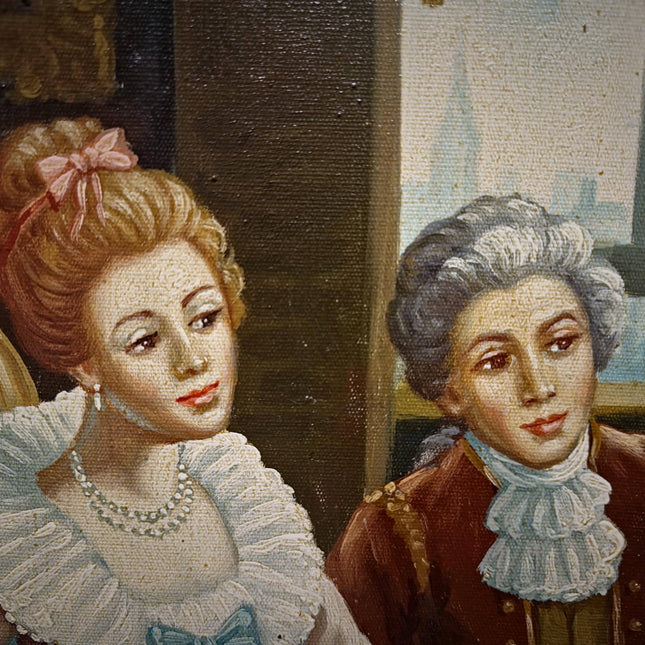 Large Vintage French Rococo Style Oil Painting, Signed Original Artwork, Parisian Genre Scene, Ornate Gilt Framed Mid-Century Wall Art