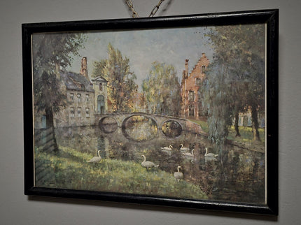 Antique Belgian Watercolor Bruges Canal Scene, Signed Flanders Cityscape, Swans and Stone Bridge, Framed European Wall Art, Original Artwork