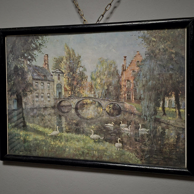 Antique Belgian Watercolor Bruges Canal Scene, Signed Flanders Cityscape, Swans and Stone Bridge, Framed European Wall Art, Original Artwork