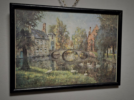 Antique Belgian Watercolor Bruges Canal Scene, Signed Flanders Cityscape, Swans and Stone Bridge, Framed European Wall Art, Original Artwork