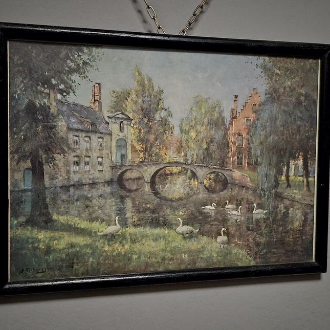 Antique Belgian Watercolor Bruges Canal Scene, Signed Flanders Cityscape, Swans and Stone Bridge, Framed European Wall Art, Original Artwork