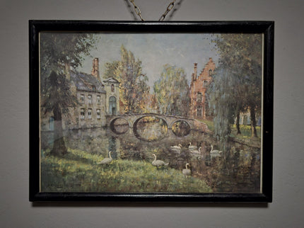 Antique Belgian Watercolor Bruges Canal Scene, Signed Flanders Cityscape, Swans and Stone Bridge, Framed European Wall Art, Original Artwork