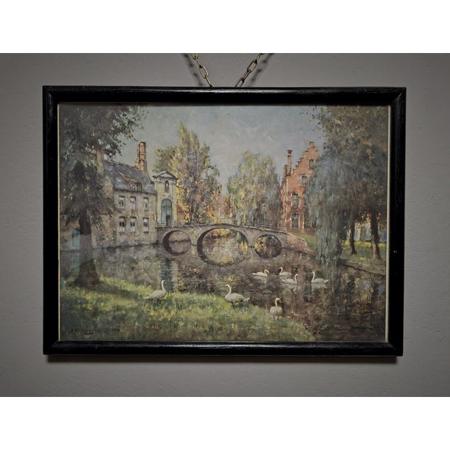 Antique Belgian Watercolor Bruges Canal Scene, Signed Flanders Cityscape, Swans and Stone Bridge, Framed European Wall Art, Original Artwork